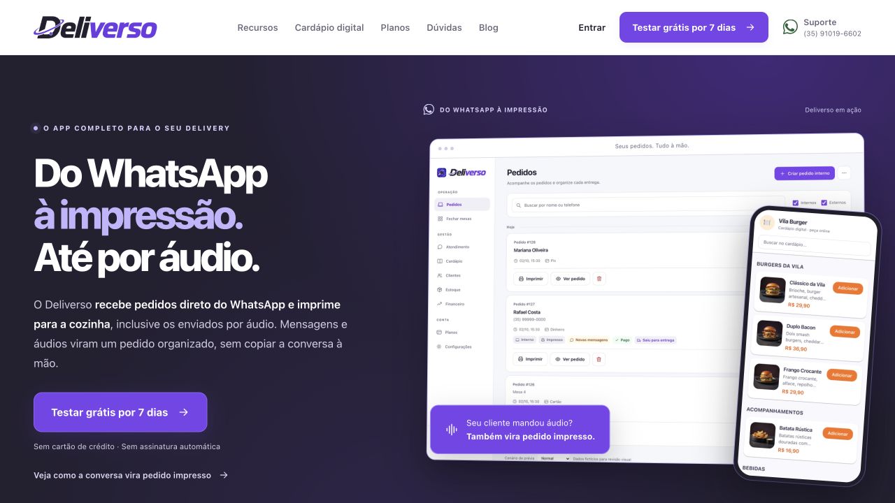 Página inicial do Deliverso, com a headline e a apresentação do produto