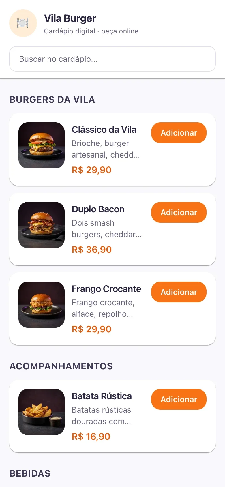 Cardápio demonstrativo do Deliverso