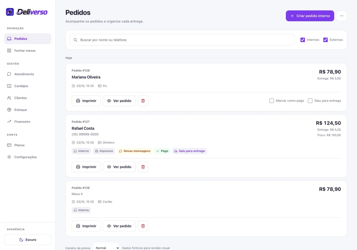 Painel de pedidos do Deliverso com dados de demonstração
