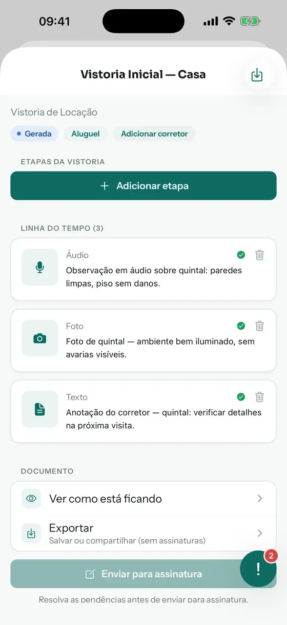 Registros de uma vistoria no aplicativo Vistor365