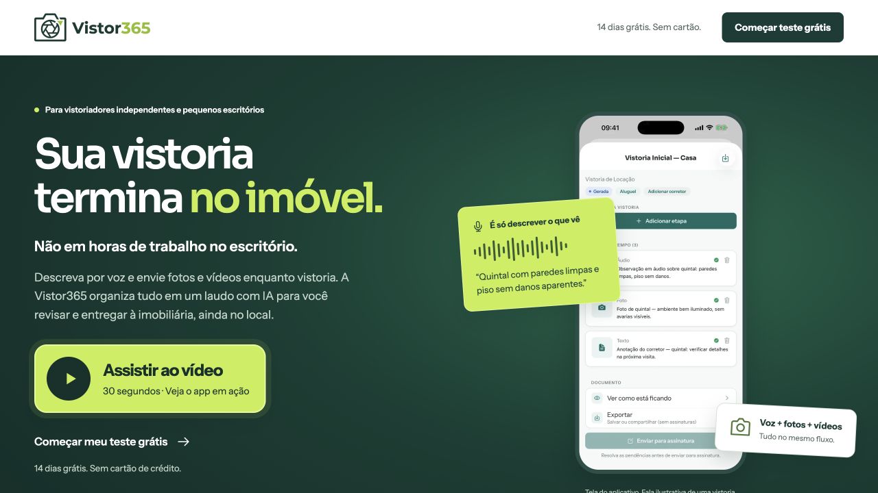 Página inicial do Vistor365, com a headline e a apresentação do produto