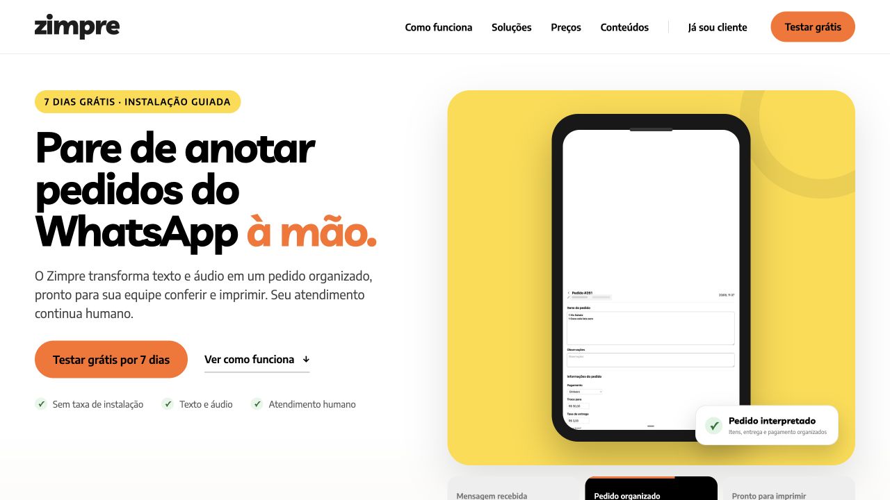 Headline do site Zimpre: pare de anotar pedidos do WhatsApp à mão